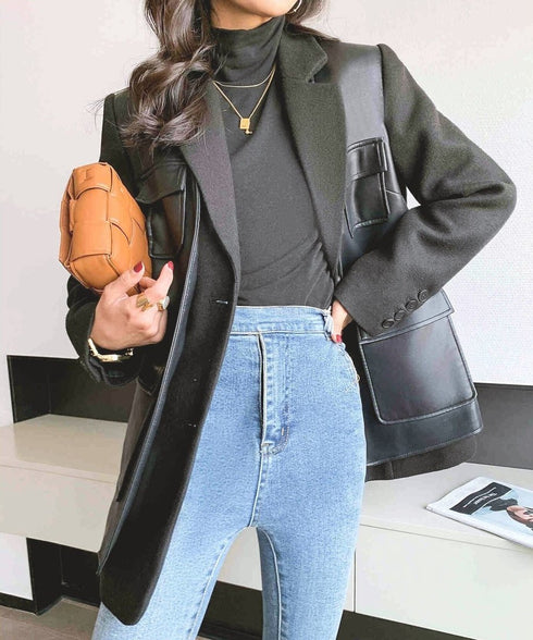 Faux Leather Panel Tailored Jacket